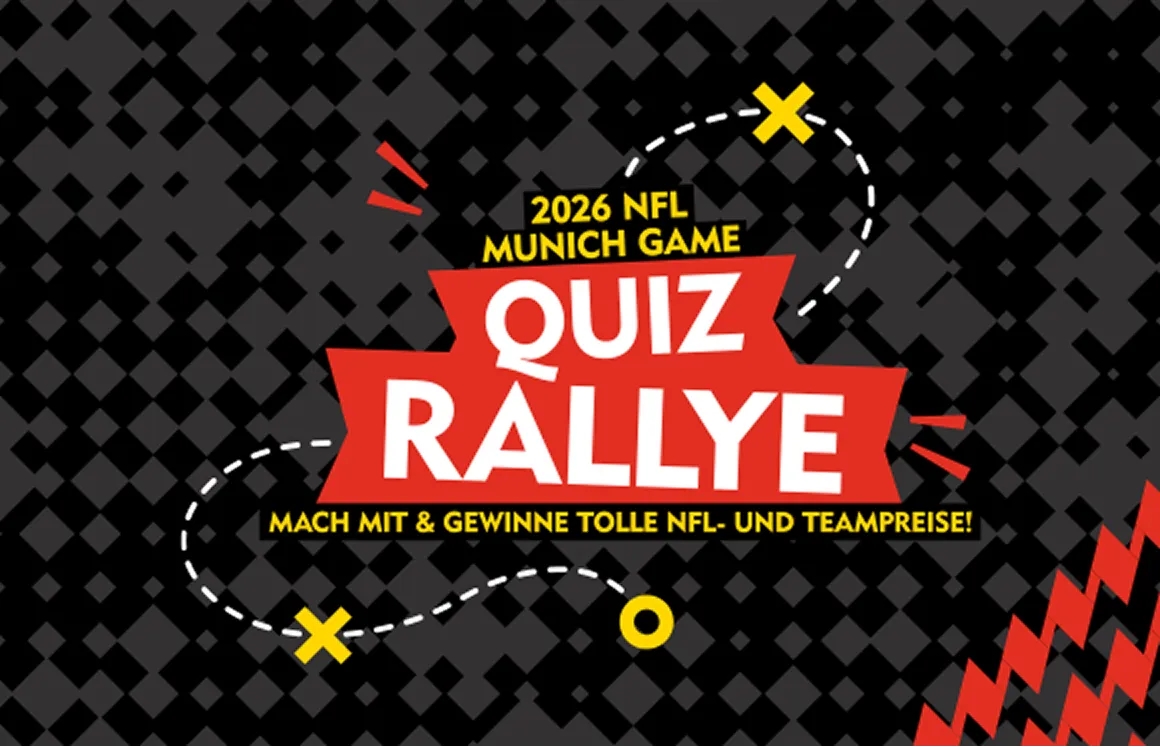 Grafik zur 2026 NFL Munich Game Quiz Rallye mit dem Slogan „Mach mit & gewinne tolle NFL- und Teampreise!“.